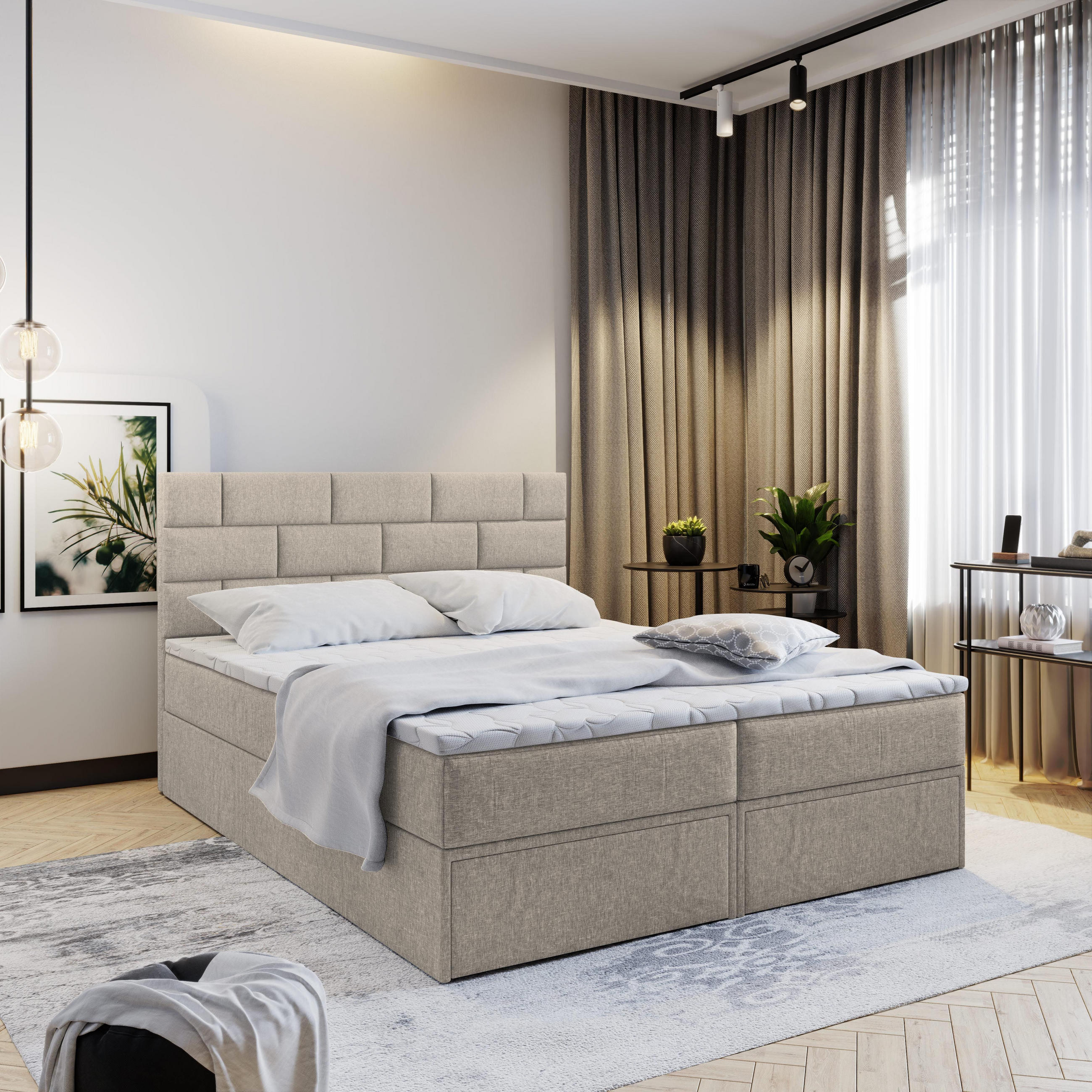 BOXBETT ARINOS 160x200 cm mit Matratze und Topper - Beige - Beige, Holz (160/200cm) - MASSENO