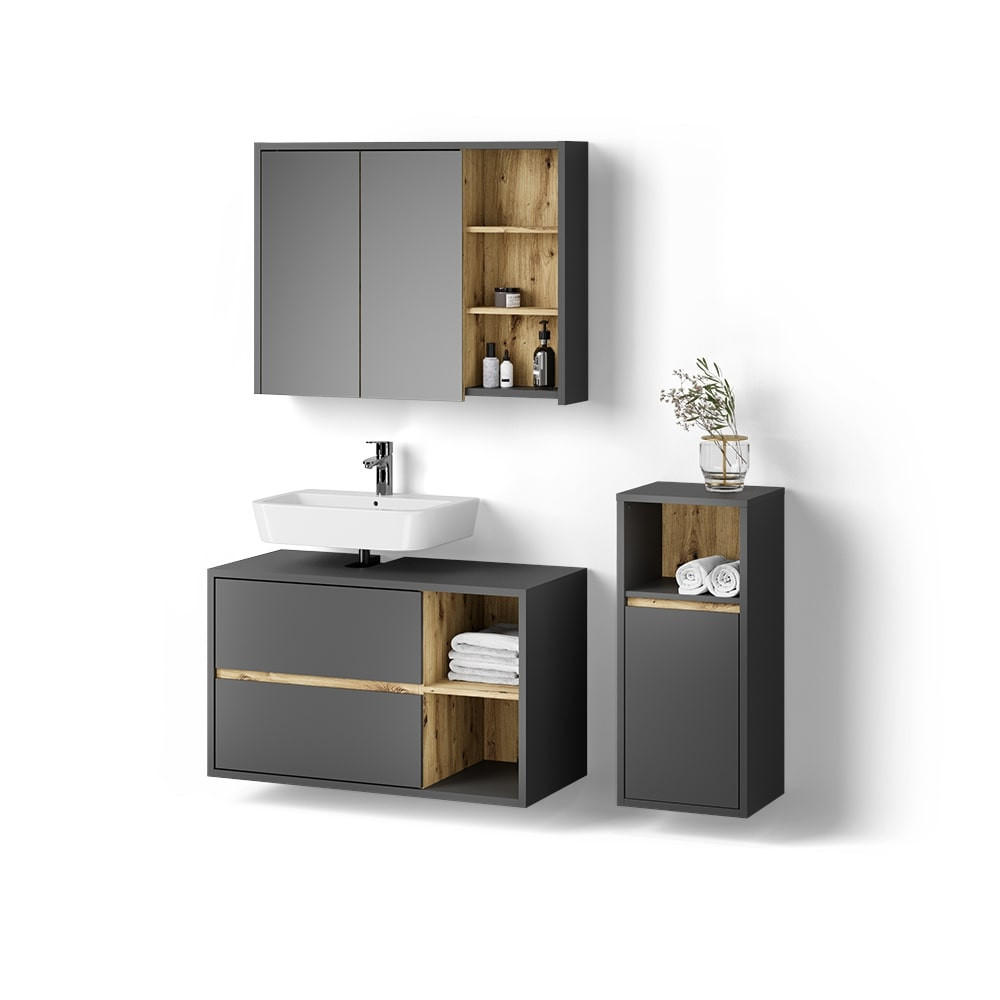 BADMÖBEL-SET Vomano Anthrazit 3 Teile, mit Midischrank - Eichefarben/Anthrazit, Holzwerkstoff (100/75/45cm) - Livinity®