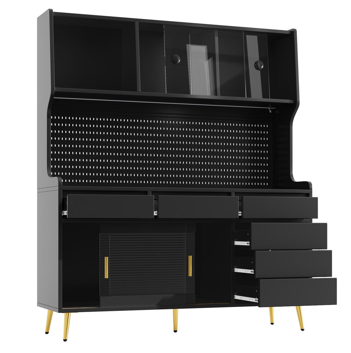 BUFFET 145/39/171 cm in Schwarz mit LED-Beleuchtung und Schiebetüren - Schwarz, Holzwerkstoff (145/171/39cm) - Flora Grace