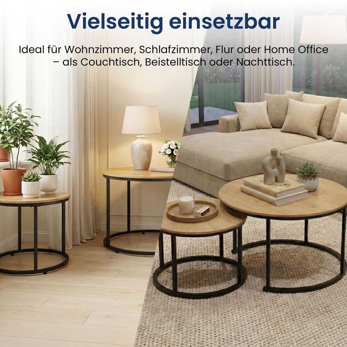 COUCHTISCH 2er Set rund Eiche hell - Hellbraun, Holzwerkstoff (70/70/42.5cm) - Home Collective