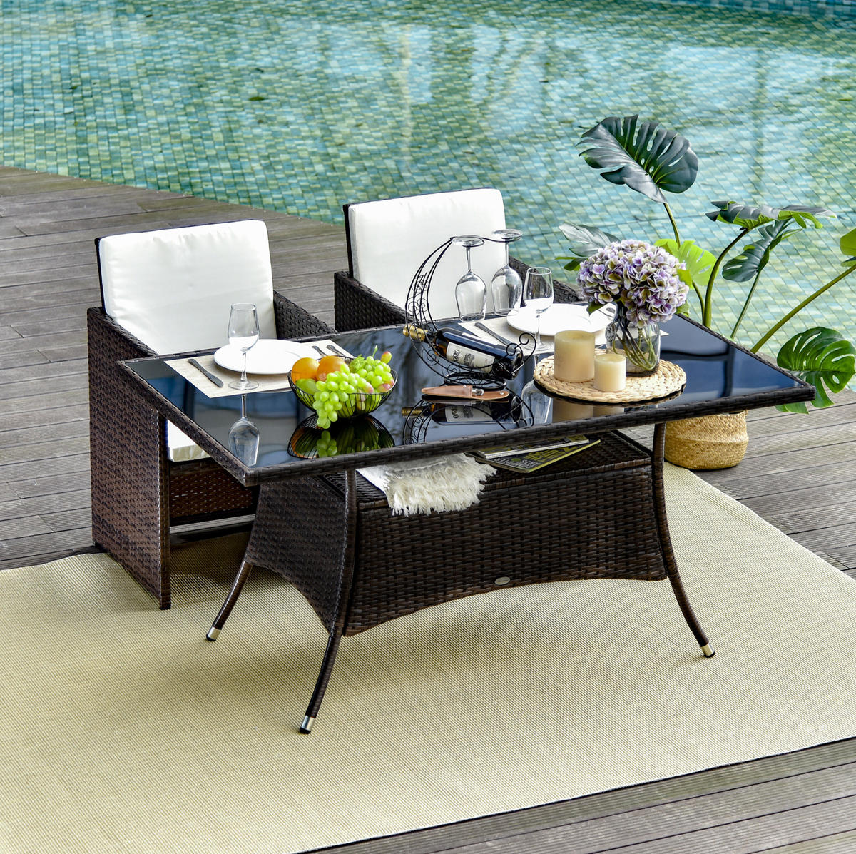 GARTENTISCH aus Polyrattan 150x85x74 cm Braun mit Sicherheitsglas - Braun, Metall (150/85/74cm) - Modfu