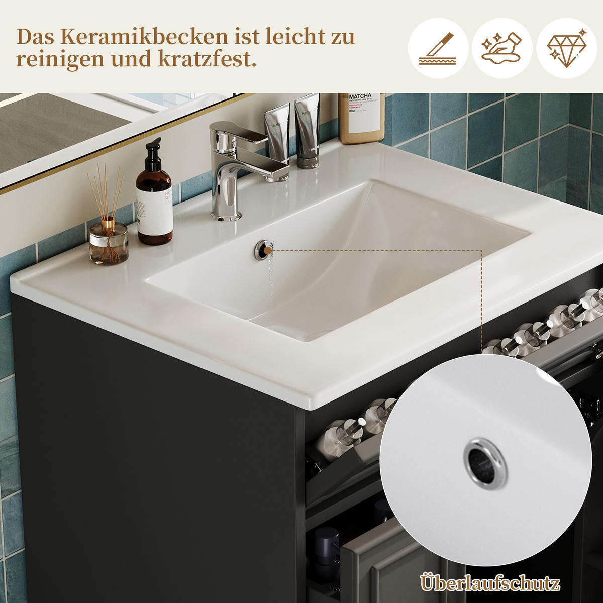 WASCHTISCHKOMBI 61/47/87 cm Schwarz mit 3 Schubladen, ohne Wasserhahn - Edelstahlfarben/Schwarz, Holz/Holzwerkstoff (47/87/61cm) - Oxeza