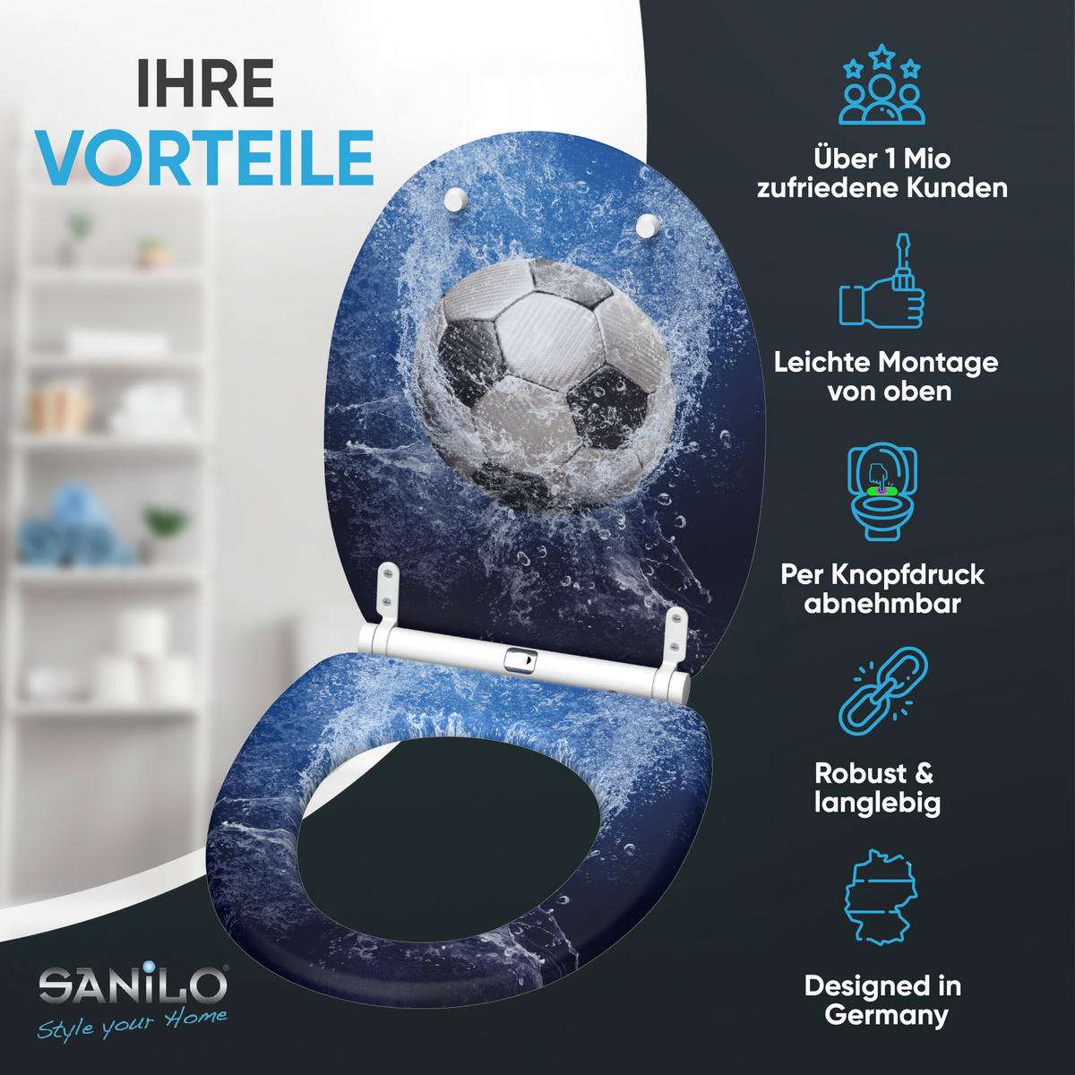 WC-SITZ mit Absenkautomatik & Top Fix Soccer - Blau, Holzwerkstoff (37.7/5.5/48cm) - Sanilo