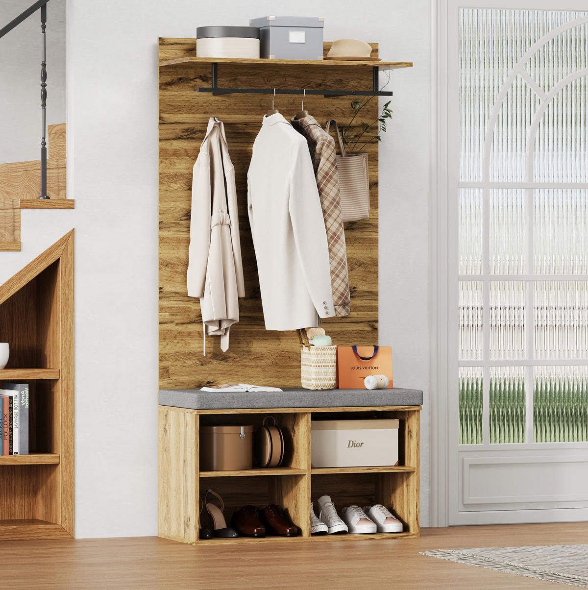 GARDEROBENSET 84/35/175 cm aus Spanplatte mit Schuhbank, verstellbarem Regal und Kleiderstange, Eichefarben - Eichefarben, Holzwerkstoff (84/175/35cm) - Redom
