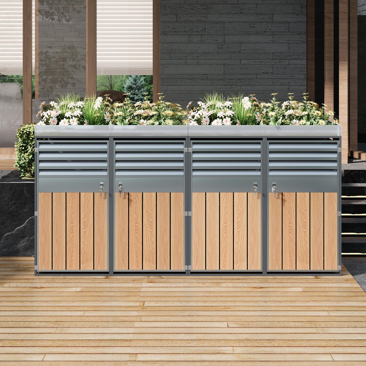 MÜLLTONNENBOX Pflanzfläche Holzmaserung Grau - Grau, Metall (132/124.5/80cm) - ComfortXL