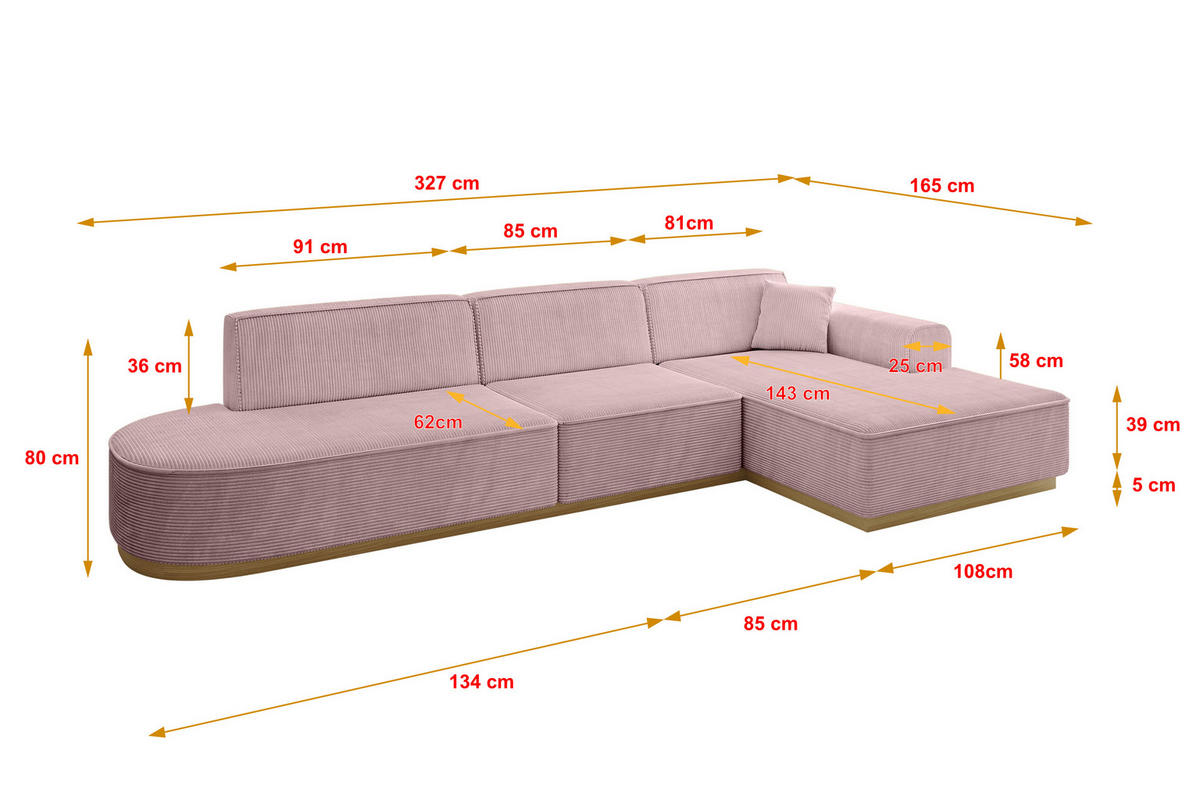ECKSOFA Ottomane Rechts IREA-L2-v2 - 327x165x80 cm Rosa - Rosa, Holzwerkstoff/Textil (327/165cm) - ALTDECOR