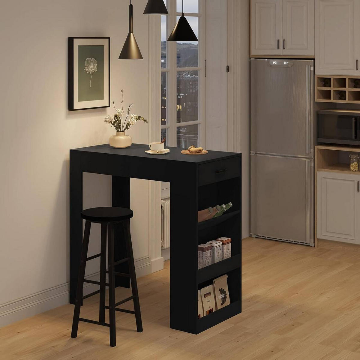 BARTISCH mit 1 Schublade 3 Ablagen, Weinregal, Schwarz - Schwarz, Holzwerkstoff (100/100/50cm) - Woltu