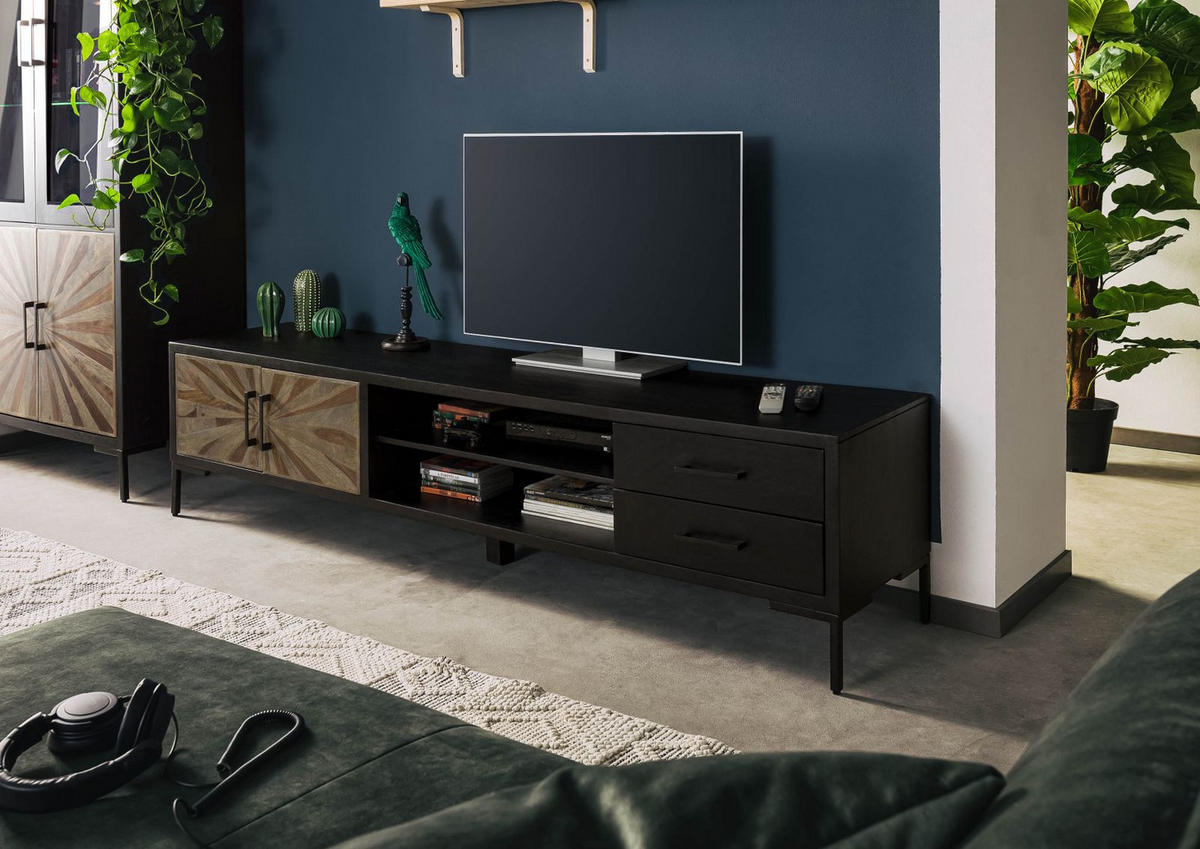 TV-BOARD Sheesham 210x45x50 schwarz lackiert SUN #107 - Schwarz, Holz (210/50/45cm) - Massivmoebel24