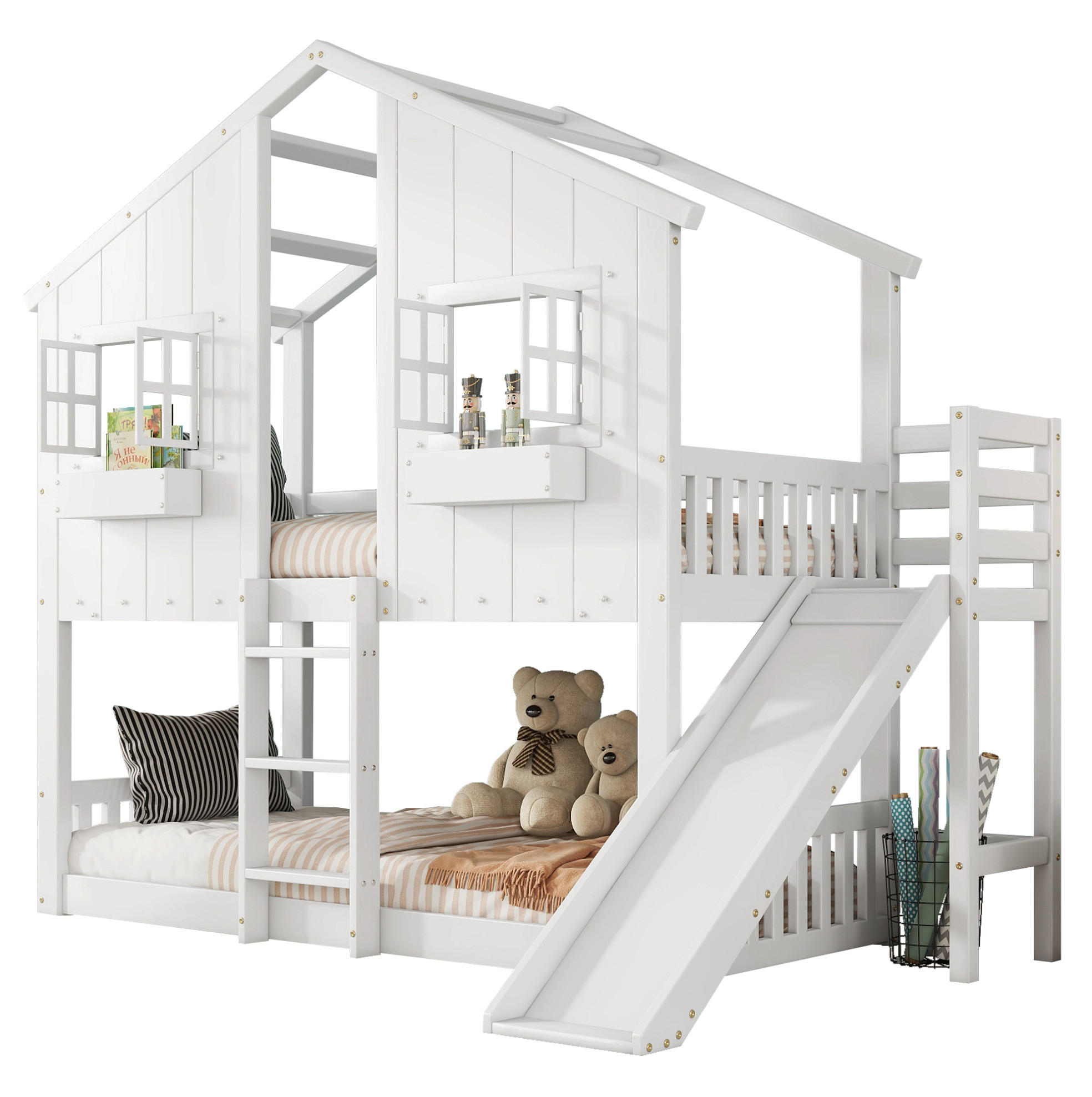 ETAGENBETT 90/200 cm in Weiß/Natur mit Rutsche, Dach und Fenstern - Weiß, Holz (90/200cm) - OKMYHOME