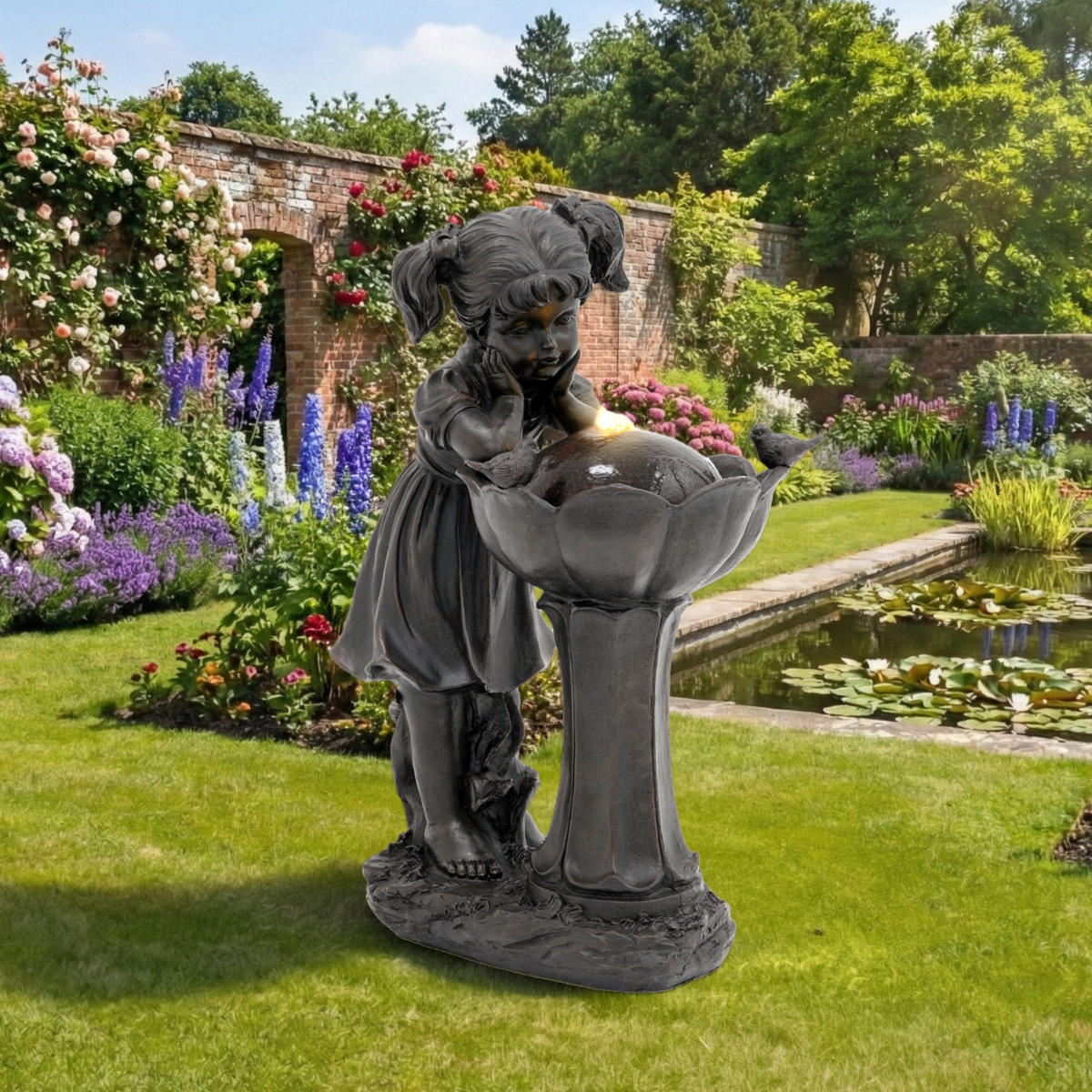 GARTENBRUNNEN LED Kupfer Mädchen Figur 65.5cm Außen Terrasse - Bronzefarben, Naturmaterialien (30/42/65.5cm) - FLIEKS