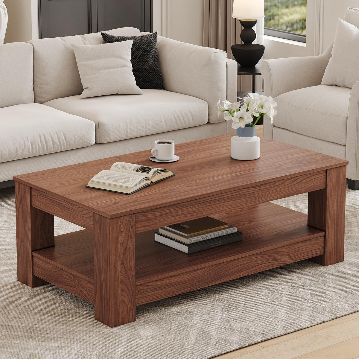COUCHTISCH aus MDF in Walnuss 100x50x44.5 cm mit 2 Ebenen Stauraum - Walnussfarben, Holzwerkstoff (100/50/44.5cm) - Modfu