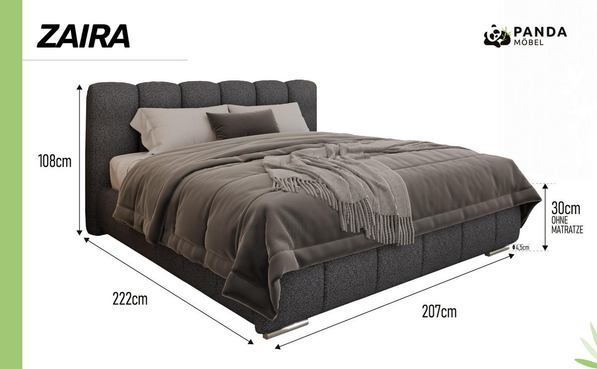 POLSTERBETT ZAIRA 180 x 200 cm mit Bettkasten und Lattenrost, 7-Zonen-Taschenfederkernmatratze CIRA (24 cm) – Schwarz - Schwarz, Holz (180/200cm) - Panda Möbel