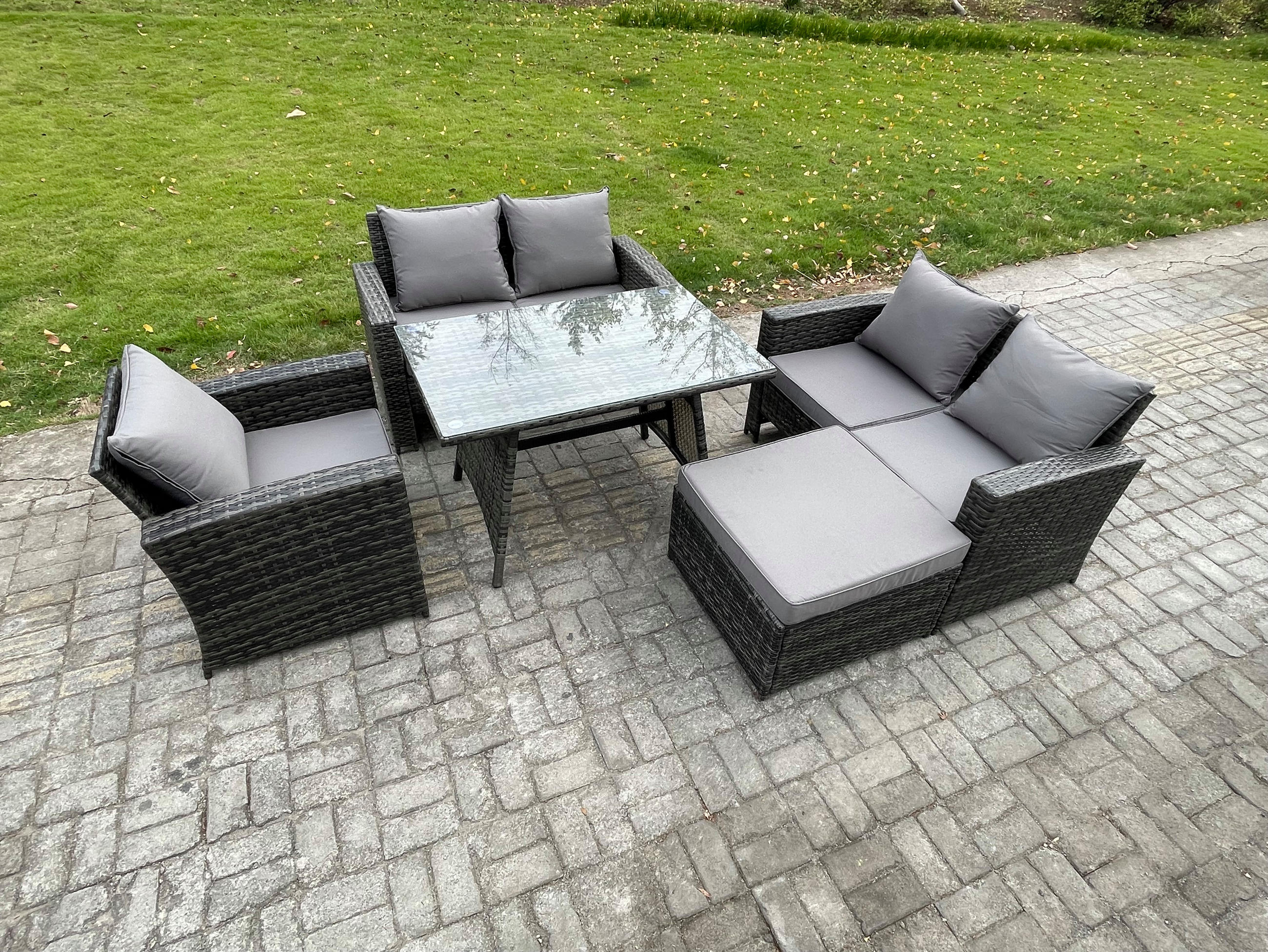 GARTENMÖBELSET mit ESSTISCH,HOCHLEHNER-SOFA Polyrattan Dunkelgrauer Mix 6-Sitzer - Dunkelgrau/Grau, Glas/Kunststoff - Fimous