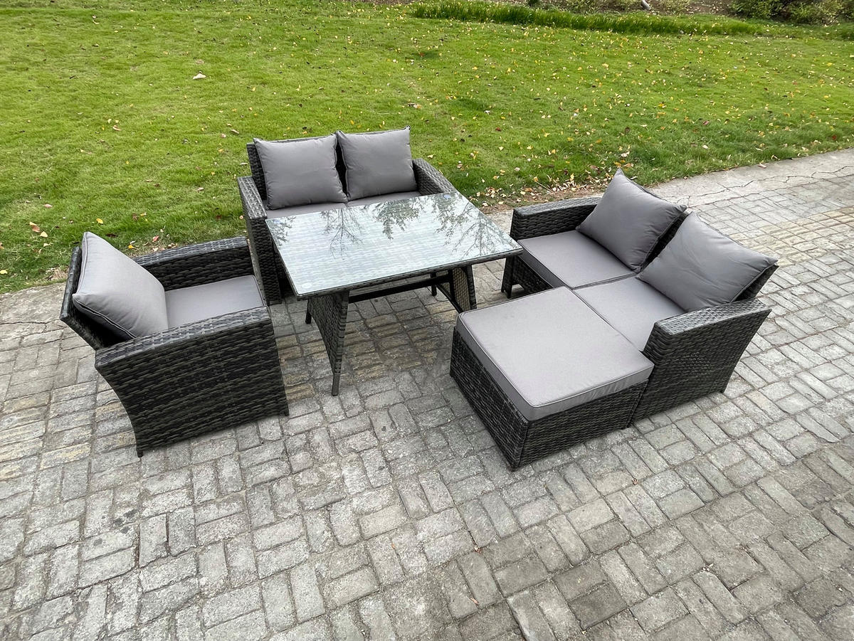 GARTENMÖBELSET mit ESSTISCH,HOCHLEHNER-SOFA Polyrattan Dunkelgrauer Mix 6-Sitzer - Dunkelgrau/Grau, Glas/Kunststoff - Fimous