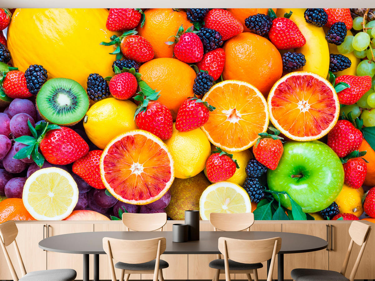FOTOTAPETA Pre Kuchyňu Čerstvé Ovocie Jahody Pomaranče Citróny Farebná 500 x 350 cm - oranžová/žltá, papier (500/350cm) - Muralo