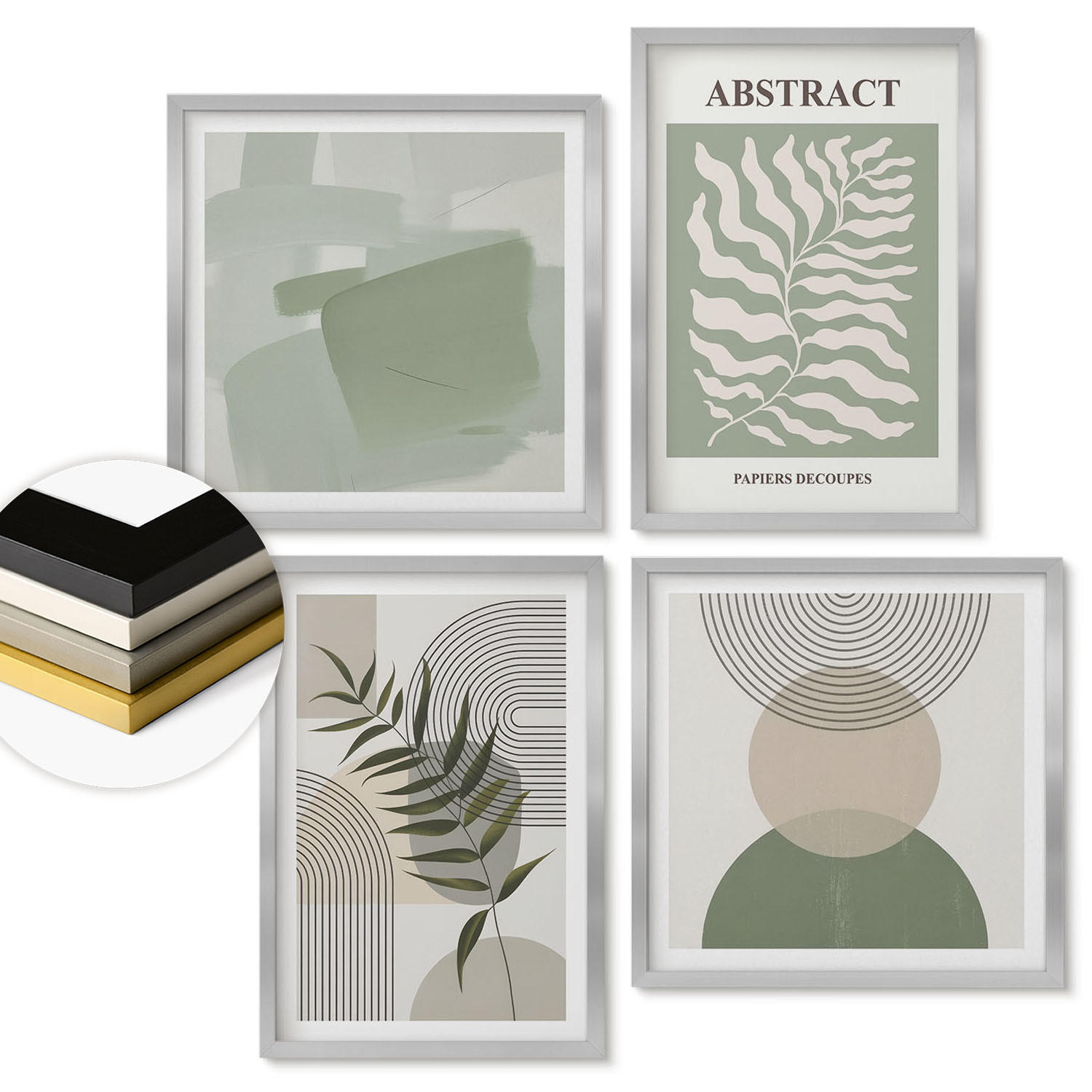 WANDBILDER 4er Set - 50x50 cm & 40x60 cm Silberner Rahmen - Botanische Boho-Abstraktionen - Silberfarben, Kunststoff (50/50cm) - ArtPrintCave