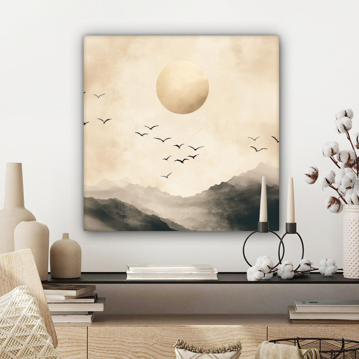 LEINWANDBILD Landschaft - Japandi - Vogel 50x50 cm - Beige, Textil (50/50cm) - MuchoWow