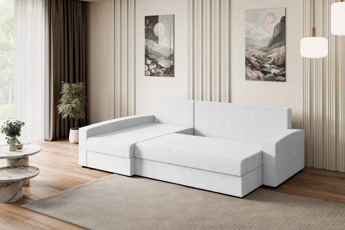 ECKSOFA mit Schlaffunktion und Bettkasten ALESIA-L 231x140x90 cm Weiß Bouclé - Silberfarben/Weiß, Holzwerkstoff/Kunststoff (231/140cm) - ALTDECOR