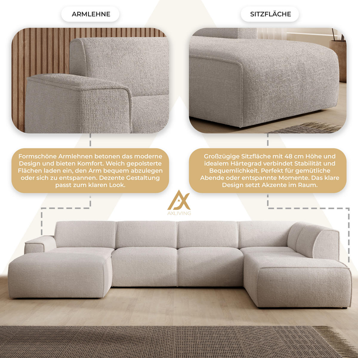WOHNLANDSCHAFT Didim Creme 378/220/78 cm – großes Sofa stilvoll & bequem R - Creme/Schwarz, Kunststoff/Textil (378/78/220cm) - AX Living