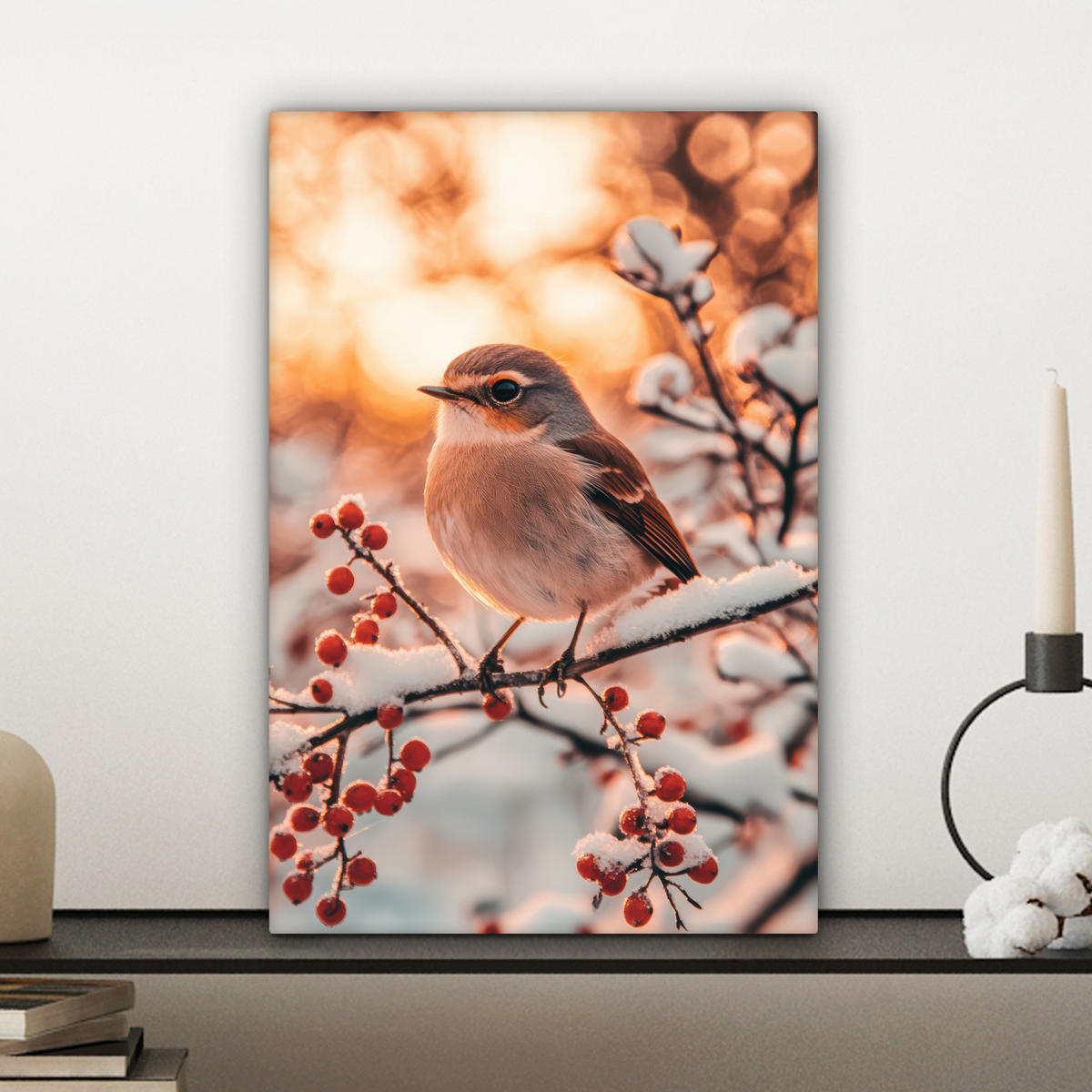 OBRAZ NA PLÁTNĚ Pták - Větev - Zima - Zvířata - Sníh 20x30 cm - jantarová, textil (20/30cm) - MuchoWow