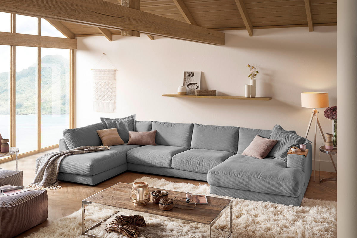 WOHNLANDSCHAFT MADELINE Grau Cord - Schwarz/Grau, Kunststoff/Textil (425/86/224cm) - KAWOLA