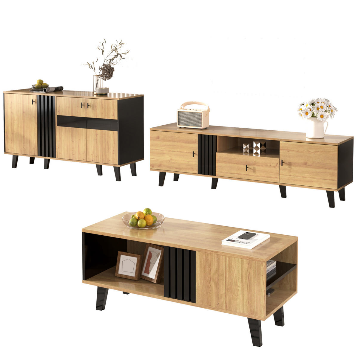 SIDEBOARD 80/120/40 cm in Holzfarben/Schwarz mit Glastüren und LED-Beleuchtung - Naturfarben, Holzwerkstoff (80/40/120cm) - Flora Grace