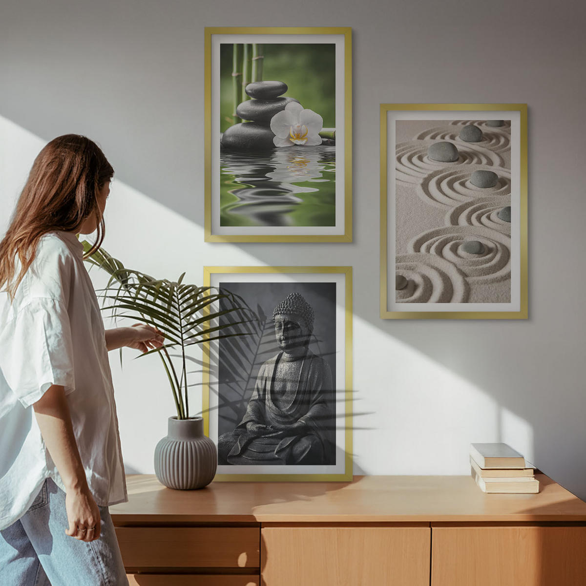 BILDER SET 3er Set - 40x60 cm Goldrahmen - Entspannender Blick auf den Zen-Buddha - Goldfarben, Kunststoff (40/60cm) - TULUP