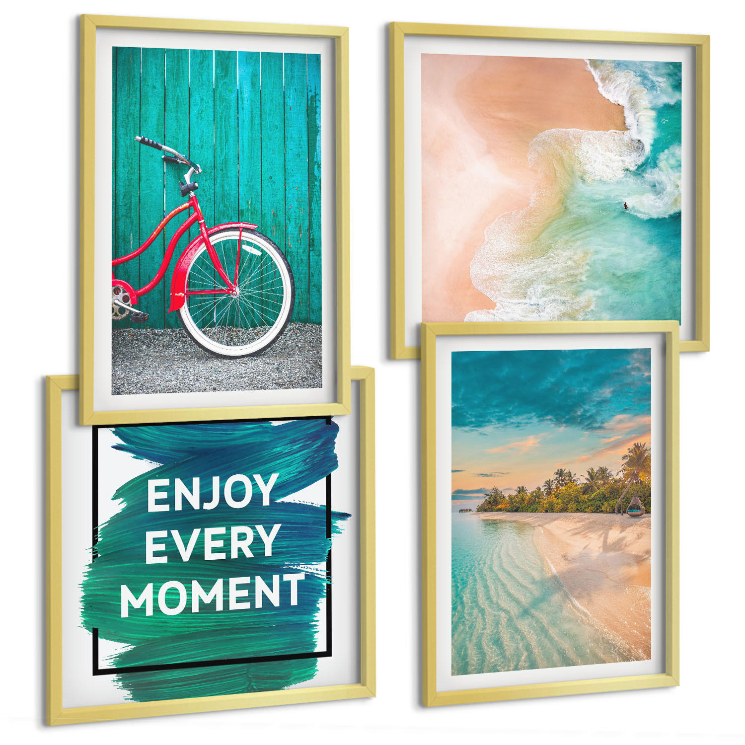 BILDER SET 4er Set - 50x50 cm & 40x60 cm Goldrahmen - Inspiration für ein Fahrrad mit Seeboot - Goldfarben, Kunststoff (50/50cm) - TULUP