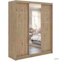 SCHWEBETÜRENSCHRANK mit Schubladen 180 - SKORIA - Eiche Artisan mit Spiegel - Alufarben/Eiche Artisan, Holzwerkstoff/Metall (180/216/61cm) - MKS