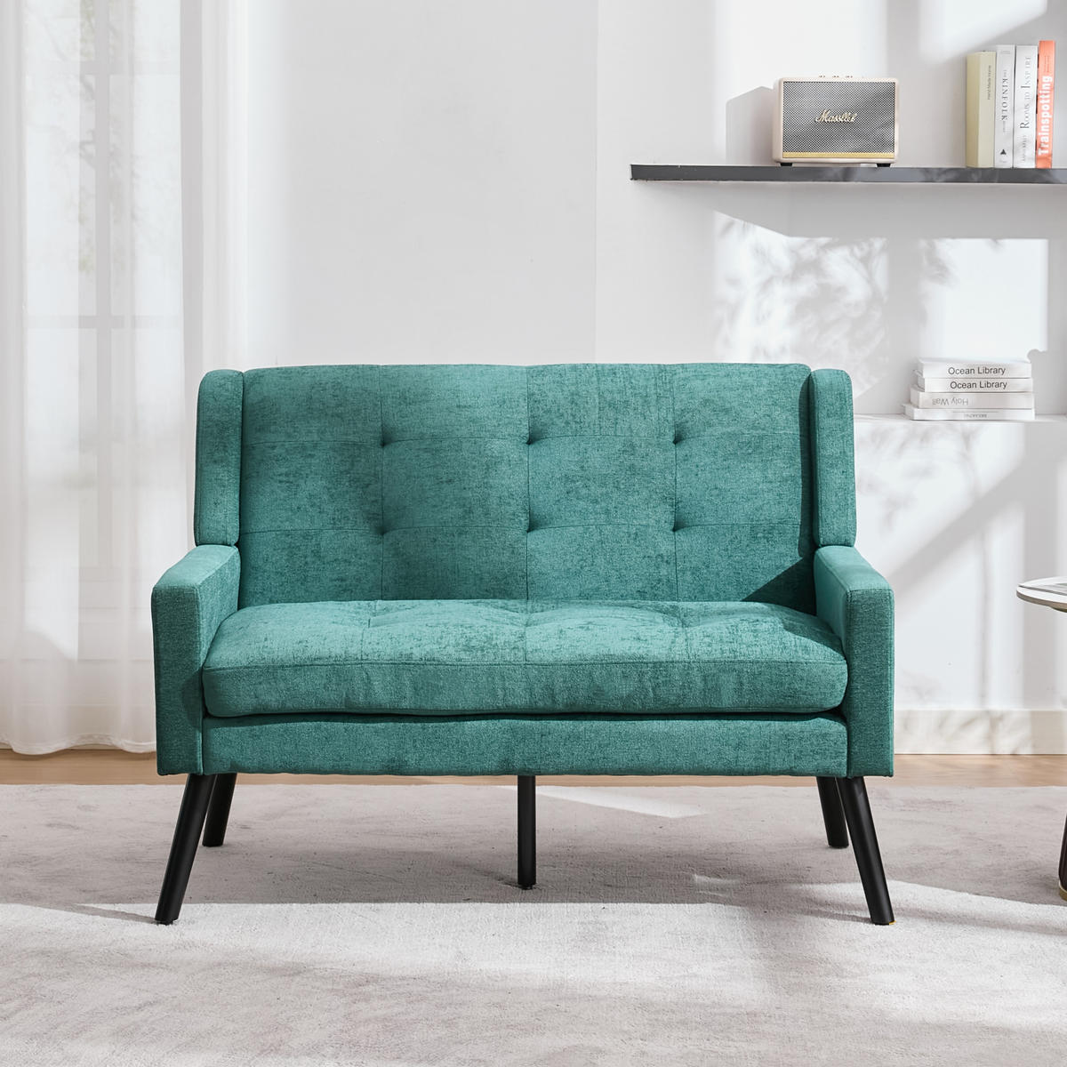 SITZBANK 2-Sitzer Leinenoptik mit Knopfheftung, Massivholzbeinen 119/75/88 cm Waldgrün - Waldgrün, Textil (75/88/119cm) - Redom