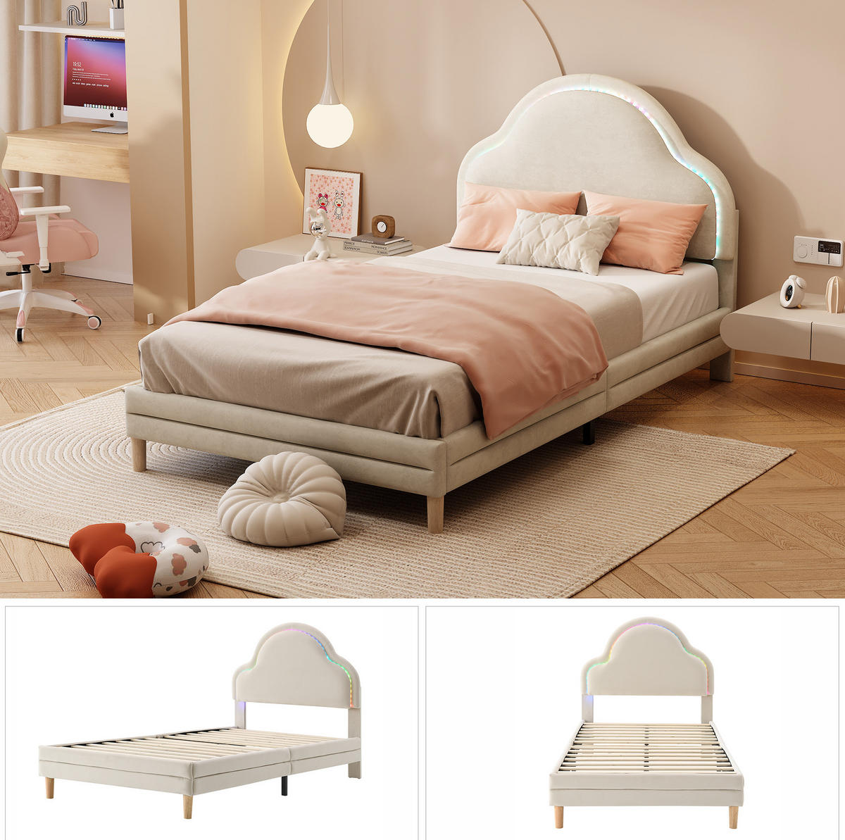 POLSTERBETT 90/200 cm Beige aus Samt mit LED-Streifen - Beige, Textil (90/200cm) - OKMYHOME