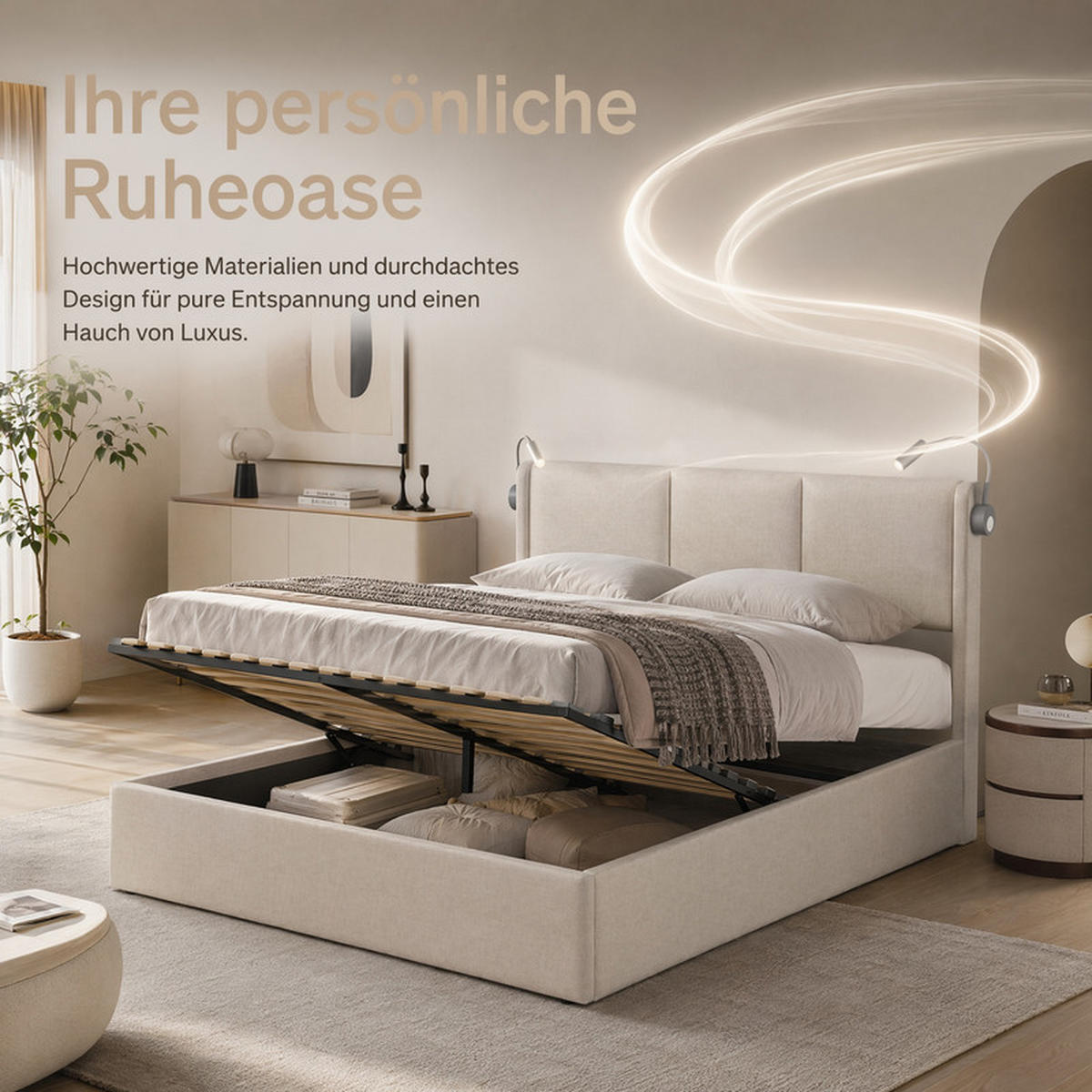 POLSTERBETT 160x200 cm Beige Leinen LED Gaslift Bettkasten - Beige, Holz (160/200cm) - SHOPENTRA