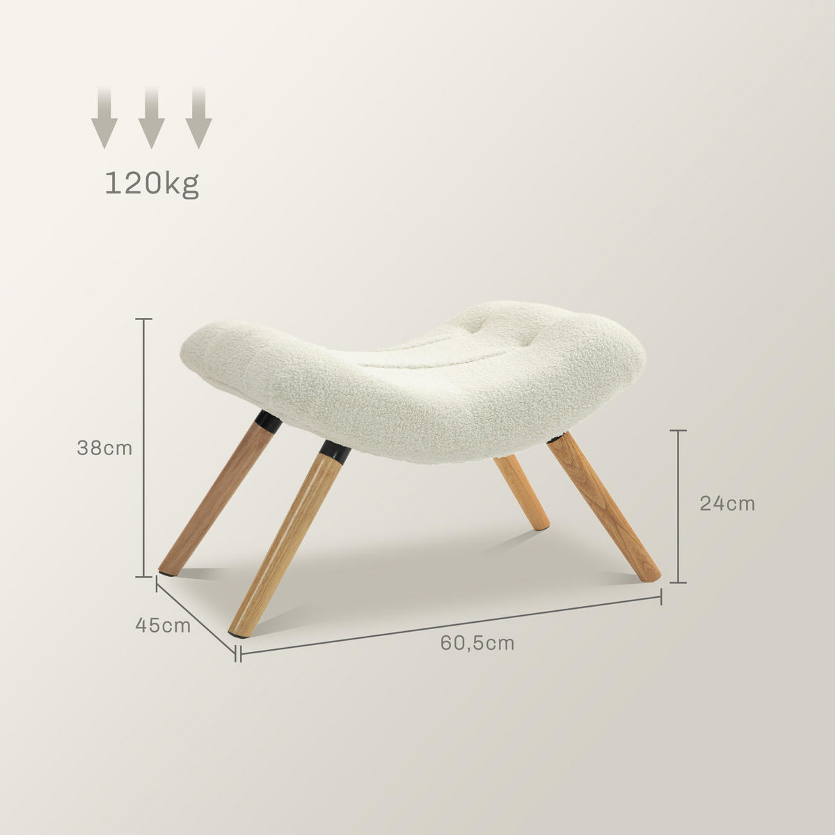 SITZHOCKER, bis 120 kg belastbar, 60,5 x 45 x 38 cm, Cremeweiß - Weiß, Kunststoff (60.5/38/45cm) - HOMCOM