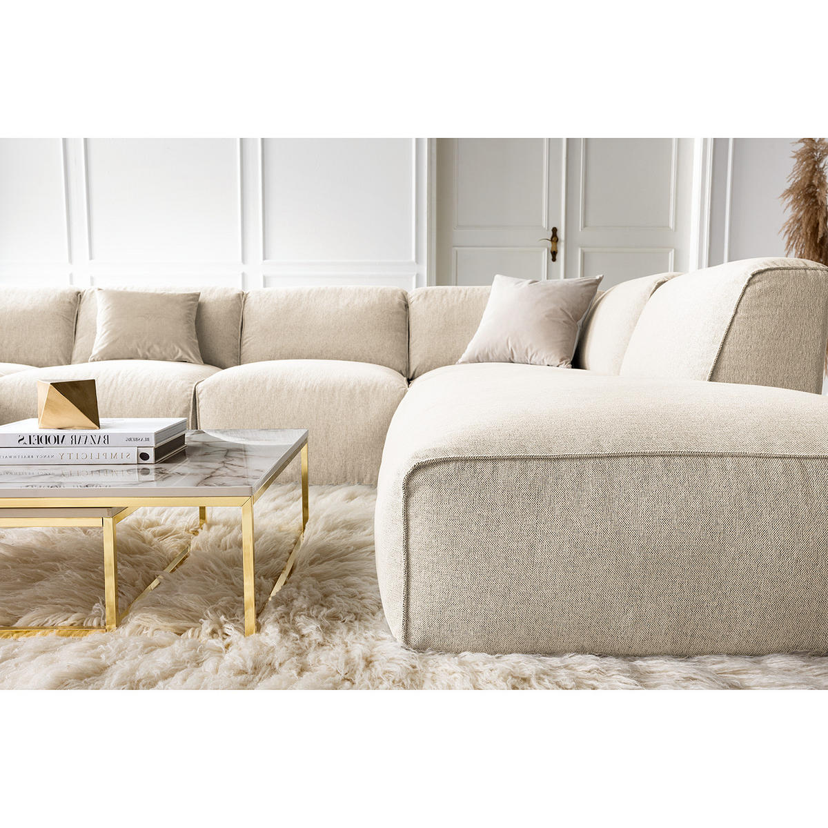 WOHNLANDSCHAFT mit Longchair - Beige/Schwarz, Kunststoff/Textil (325/71/235cm) - home24