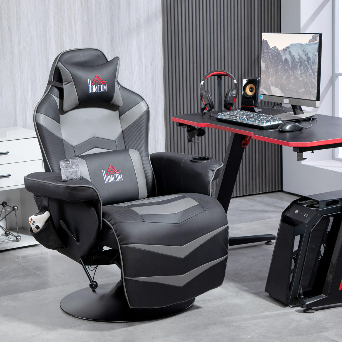 RELAXSESSEL mit Massagefunktion, Elektrisch Fernsehsessel mit Liegefunktion - Schwarz/Grau, Leder/Kunststoff (82.5/111.5/79.5cm) - HOMCOM