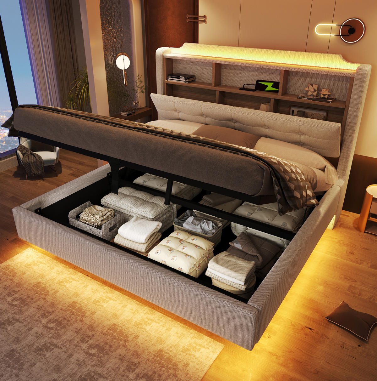 POLSTERBETT 140/200 cm Beige mit LED-Beleuchtung und hydraulischem Stauraum - Beige, Textil (140/200cm) - OKWISH