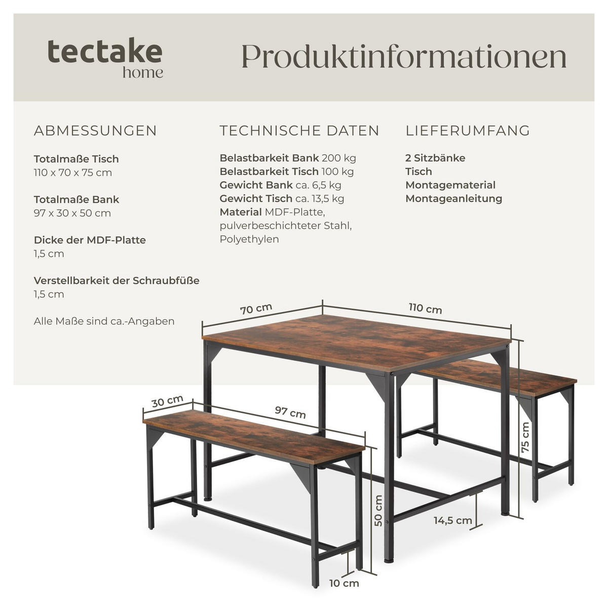 SITZGRUPPE Bolton, mit höhenverstellbaren Kunststofffüßen, Industrial Holz dunkel, rustikal - Rostfarben, Holz (130/75/100cm) - tectake