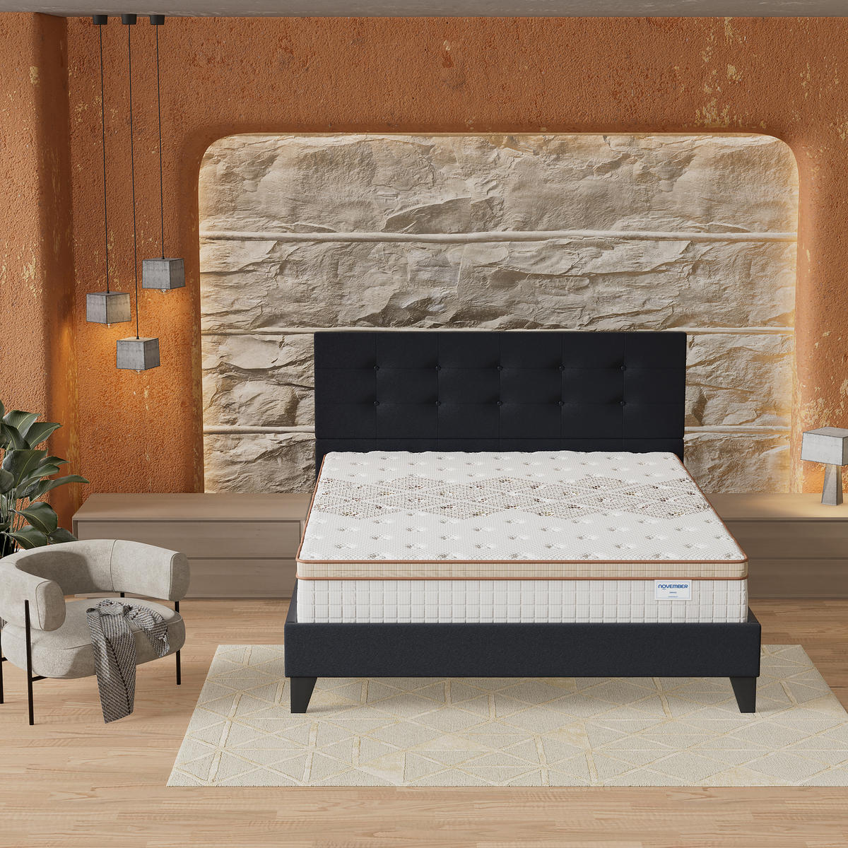 POLSTERBETT und MATRATZE - 120 x 190 cm - Taschenfederkern - 28cm dick - Schwarz, Naturmaterialien/Holz (120/190cm) - November Sleep