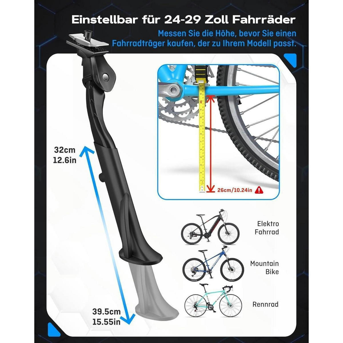 FAHRRADSTÄNDER höhenverstellbar 24-29 Zoll Aluminiumlegierung bis 42 kg Traglast - Schwarz, Metall (10/5/39cm)