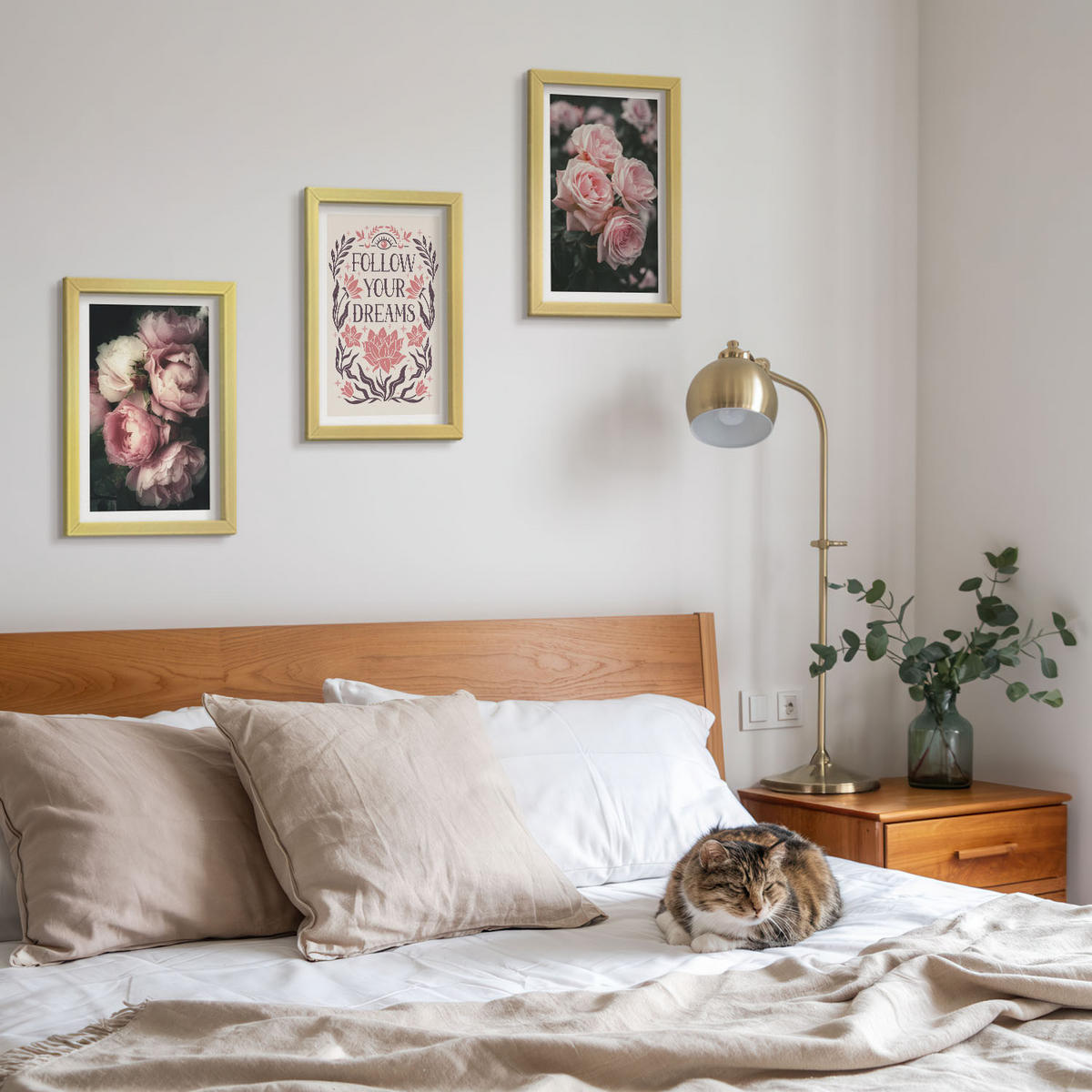 WANDBILDER 3er Set - 20x30 cm Goldrahmen - Vintage-Rosenträume-Inschrift - Goldfarben, Kunststoff (20/30cm) - ArtPrintCave