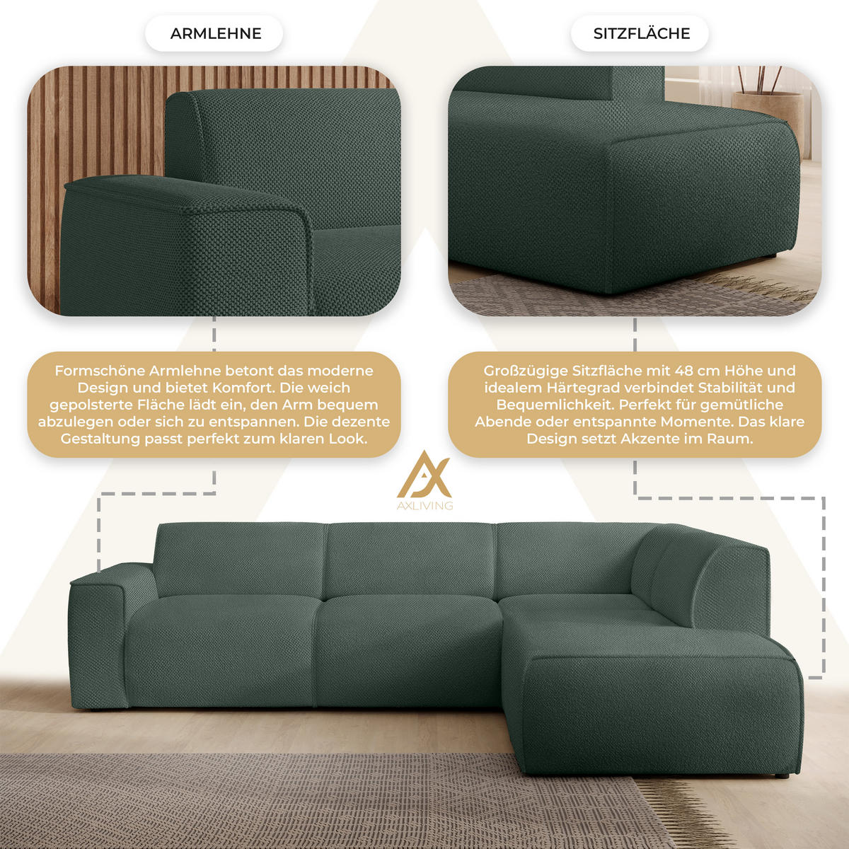 ECKSOFA L Form Didim Grün 292/220/78 cm – großes Sofa stilvoll & bequem R - Schwarz/Grün, Kunststoff/Textil (292/220cm) - AX Living