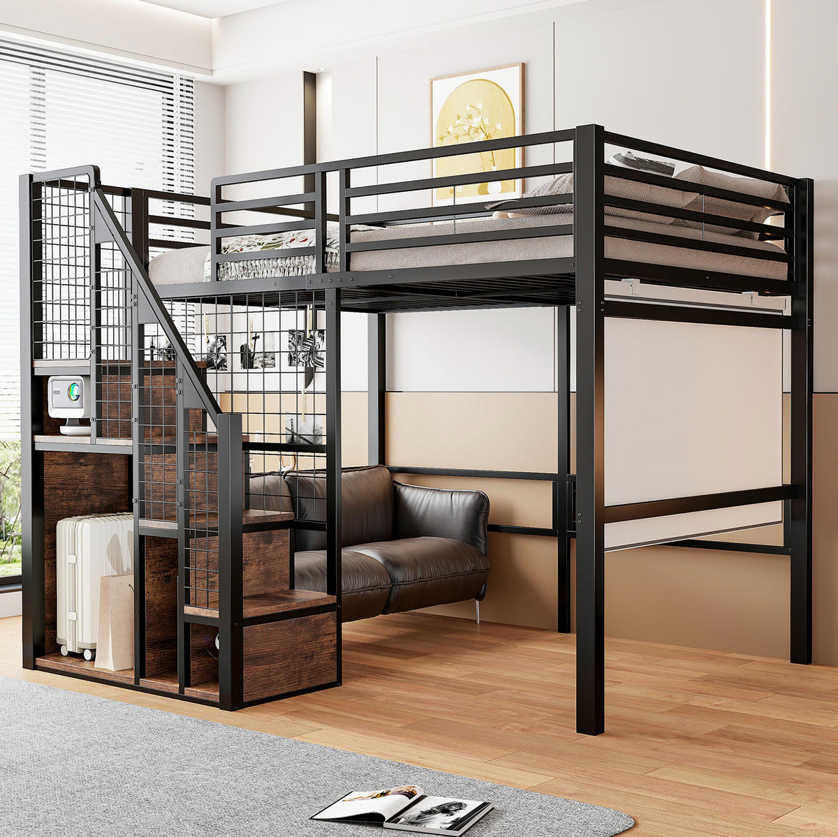 HOCHBETT 140/200 cm mit Treppe, Stauraum und Kleiderstange aus Metall, Schwarz - Schwarz, Holzwerkstoff (140/200cm) - Redom