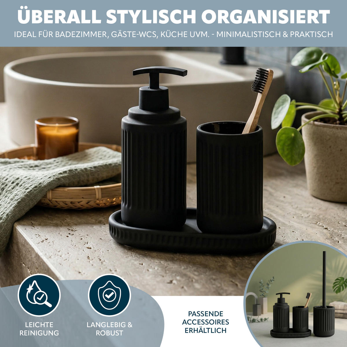 BAD-ACCESSOIRES-SET CASCINA, Soft-Touch, schwarz - Schwarz, Keramik (7/18/7cm) - eluno