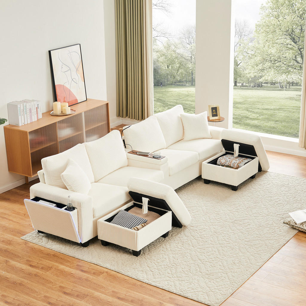 Thumbnail - Flieks Sofa,, Beige, Textil, 128.5x81x334 cm, Wohnzimmer, Sofas & Couches, Wohnlandschaften, Wohnlandschaften in U-Form