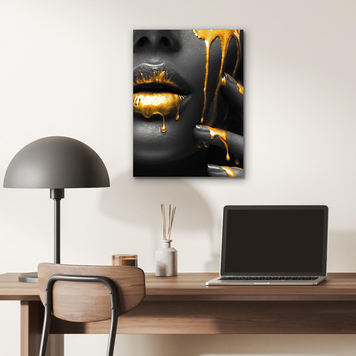 METALLBILD Frau - Schwarz - Gold - Gesicht - Lippen 30x40 cm - Goldfarben, Metall (30/40cm) - MuchoWow