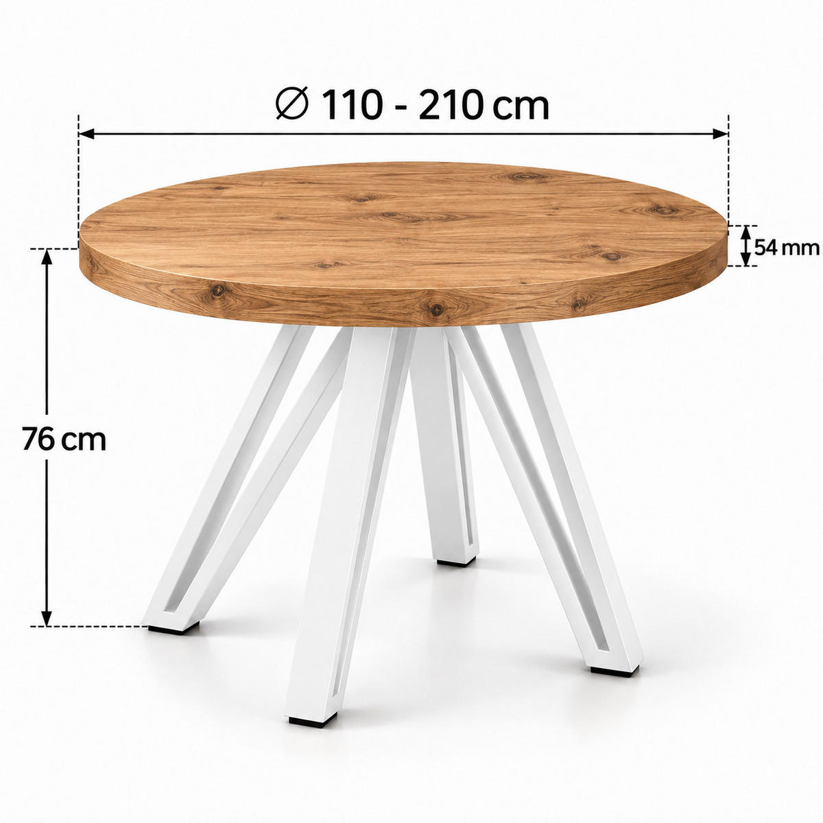 ESSTISCH rund ausziehbar 110/210/76 cm, Eiche Craft, 54 cm Tischplatte + Industrial Metallgestell Weiß - Eichefarben/Weiß, Holzwerkstoff/Metall (110/210/76cm) - Damale Möbel