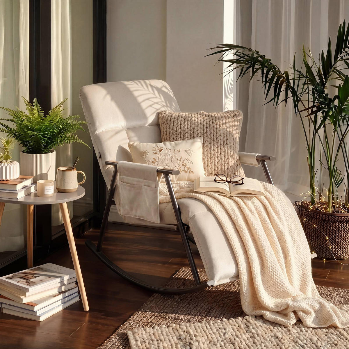 SCHAUKELSTUHL Mika Indoor 61x100x66cm Samt Creme Liegestuhl - Creme, Kunststoff/Textil (61/66/100cm) - DELUKE