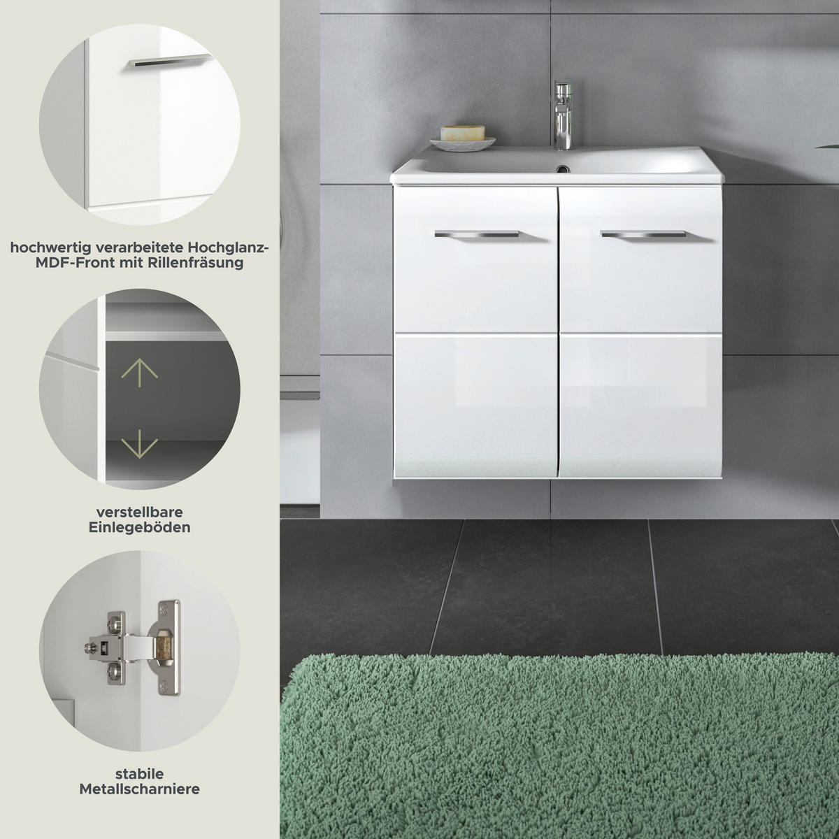 WASCHTISCH inkl. Waschbecken ICE (B/H/T: ca. 60/55/46 cm) in Weiß/weiß hochglanz - Weiß, Holzwerkstoff (60/55/46cm)