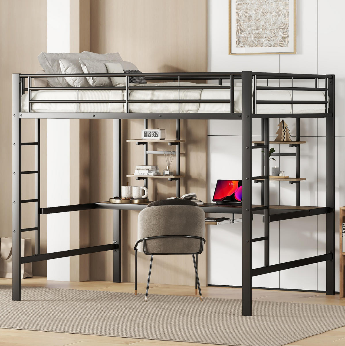 HOCHBETT 140/200 cm in Schwarz mit Schreibtisch und 2 Regalen - Schwarz, Metall (140/200cm) - Flora Grace