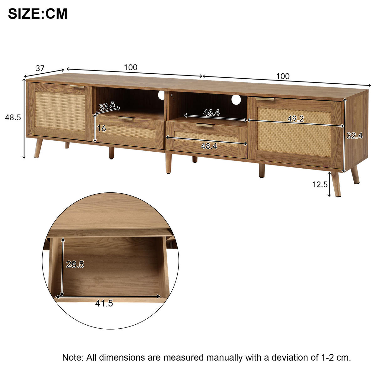 TV stolek 200/37/49 cm dub z dřevotřísky s ratanovým designem a nastavitelnými nohami - hnědá, kompozitní dřevo (200/49/37cm) - OKWISH